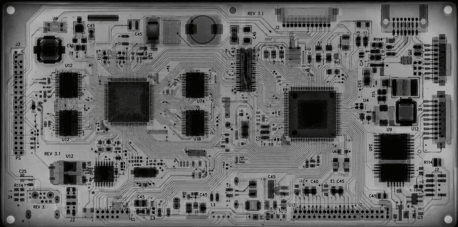 Detailed view of a fully populated circuit board