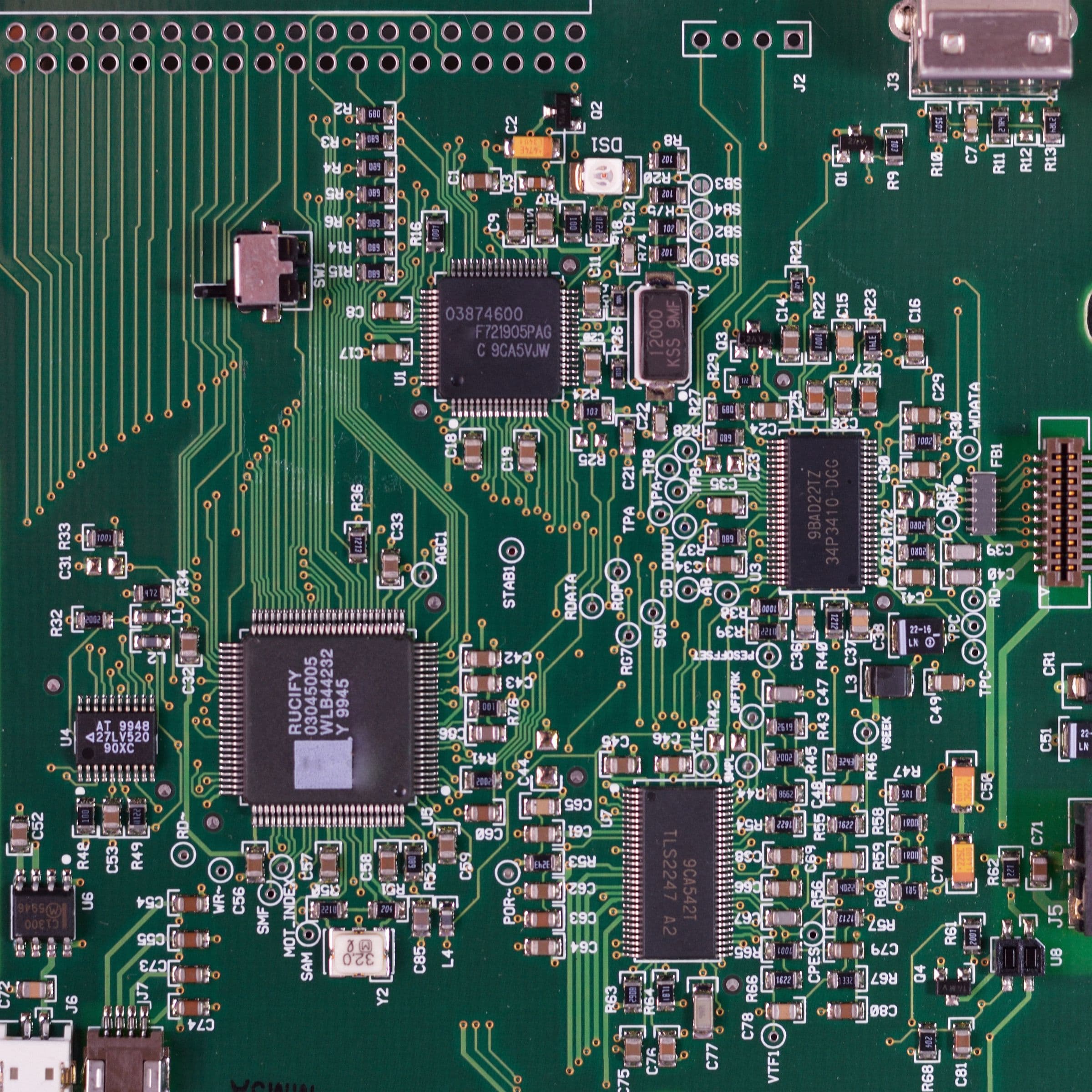 Close-up of a fully populated printed circuit board built by ProvenMetal