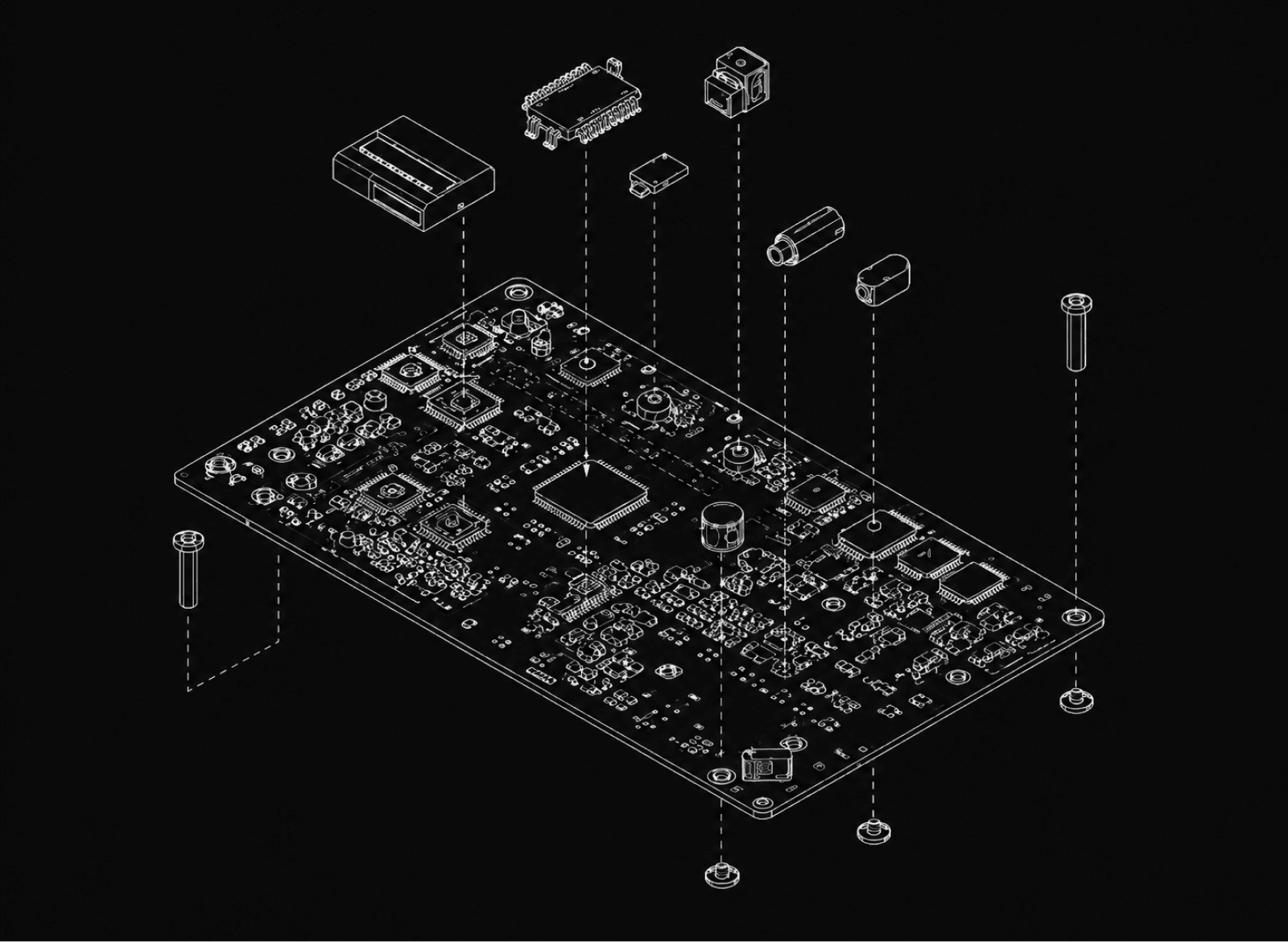 Isometric exploded view of a populated printed circuit board with its components
